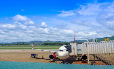 Airplane at the airport on loading cargo and people