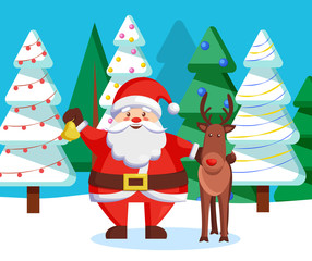 Santa Claus and reindeer in winter landscape. Deer and Saint Nicholas with bell and bow. Forest of pine trees decorated with garlands and baubles. Christmas and winter holidays celebration vector