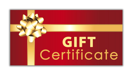 Red gift certificate with golden ribbon and bow. Commercial icon.