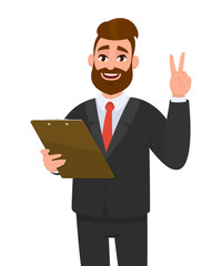 Young businessman wearing a suit holding clipboard and making or showing victory, V, peace, two gesture with hand finger. Person keeping the file pad in hand. Male character design illustration.