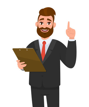 Young business man wearing a suit holding clipboard and pointing index finger up. Person keeping the file pad in hand. Male character design illustration. Modern lifestyle concept in vector cartoon.