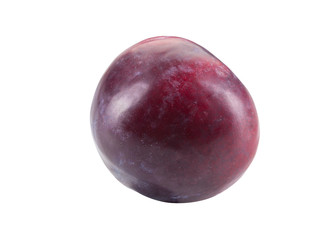 Smooth-skinned, mellow, purple plum fruit isolated on white background with copy space for text or images. Side view. Close-up shot.