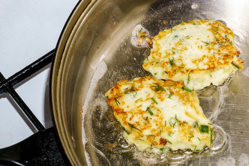 Chicken cutlets are fried in oil in a stainless steel pan. Copy space. To illustrate culinary print products and sites.