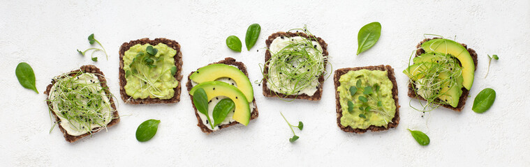 Dietary fitness toast with avocado, tofu cheese and microgreen