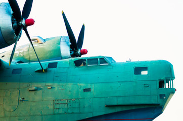 cockpit and propeller blades of an old vintage cargo plane