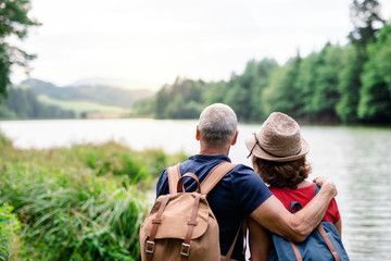 Rear view of senior tourist couple on a walk in nature, standing by lake.