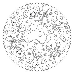 Coloring page mandala for kids with Australia, kangaroo, koala. Vector Illustration.