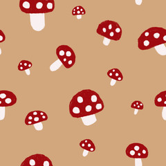 Seamless pattern, red mushroom with white stem