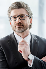 handsome ambassador in glasses looking at camera