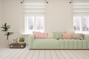 Stylish room in white color with sofa and winter landscape in window. Scandinavian interior design. Hight resolution architecture background. 3D illustration