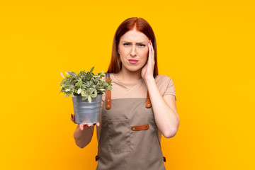 Young redhead gardener woman holding a plant over isolated yellow background unhappy and frustrated with something. Negative facial expression