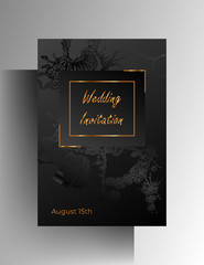 Design template wedding invitation. Hand painted floral texture elements with golden frames on a black background. Vector 10 EPS.
