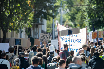 Rear view of people with placards and posters on global strike for climate change.
