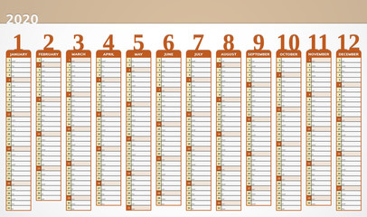 Wall horizontal calendar for year 2020 in orange design