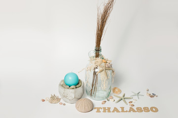 White Background with maritime and wellness elements with word THALASSO - obrazy, fototapety, plakaty