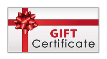 Gift certificate with red ribbon and bow. Commercial icon.