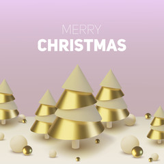 Metallic gold 3D Christmas tree. Realistic abstract background with 3d. Greeting card, invitation with happy New year 2020 and Xmas. Vector Illustration