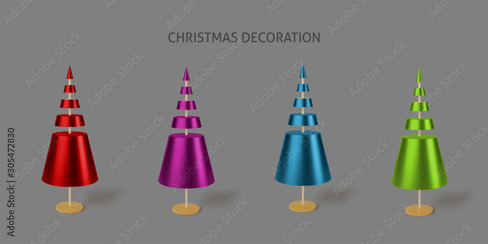 Aufkleber set color metallic 3d christmas trees. realistic abstract background with 3d. greeting card, invitat