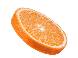 Round slice of a ripe orange isolated on white background with copy space for text or images. Fruit with juicy flesh. Side view. Close-up shot.