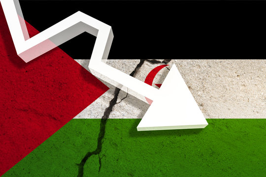 Western Sahara Flag on the cracked wall with arrow falling down. Concept of decrease in the country. 3D Illustration