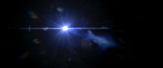 intense blue lens flare effect overlay texture with bokeh effect and anamorphic light streak in front of a black background, cinematic format