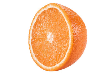 Half of a ripe orange isolated on white background with copy space for text or images. Fruit with...