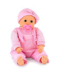 Plushie doll with blue shiny eyes isolated on white background with shadow. Sitting cute pink rag...