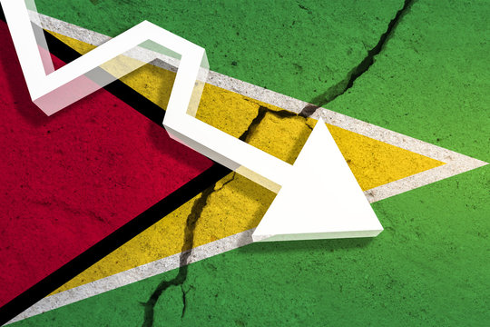 Guyana Flag on the cracked wall with arrow falling down. Concept of decrease in the country. 3D Illustration