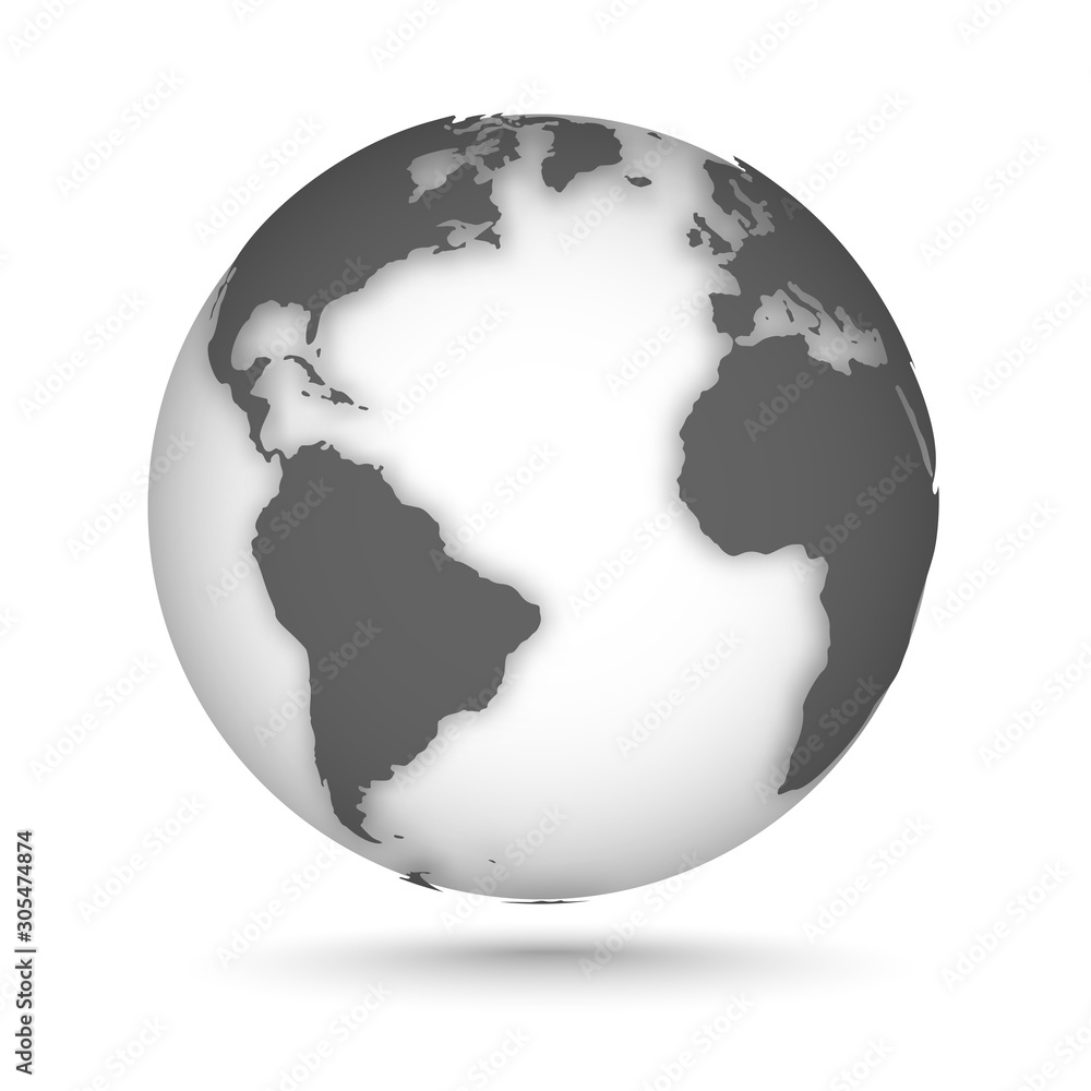 Aufkleber globe icon gray on white with smooth vector shadows and map of the continents of the world. vector i