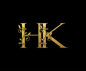 Golden letter H, K and HK Vintage Gold Floral Logo Icon