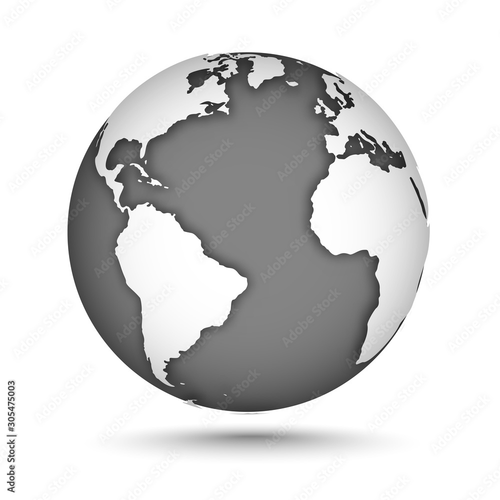 Aufkleber globe icon gray on white with smooth vector shadows and map of the continents of the world. vector i