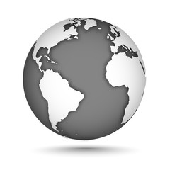 Globe icon gray on white with smooth vector shadows and map of the continents of the world. Vector illustration