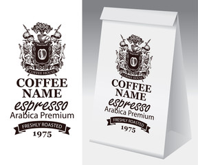 Paper package with label for freshly roasted coffee bean. Vector label for coffee with hand-drawn medieval coat of arms and paper 3d package with this label.