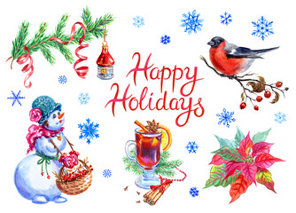 Set of Christmas and New Year's items: spruce branch, Christmas tree toy, bullfinch on a branch, a snow woman with a basket, poinsettia, a glass with mulled wine, snowflakes and the inscription: With 