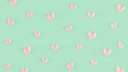 Valentines Day pink heart background, top view. Turquoise colored background, cute pink heart made...