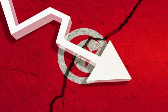 Tunisia Flag on the cracked wall with arrow falling down. Concept of decrease in the country. 3D Illustration