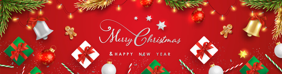 Merry Christmas and Happy New Year.Happy New Year design with realistic festive objects, light hanging, garland, green and white gift boxes, ball bauble.Horizontal banner design.
