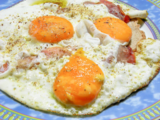 frisch gebratene und leckere Spiegeleier auf Brot