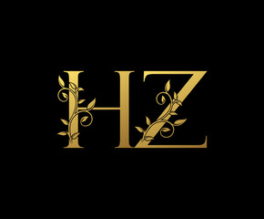 Golden letter H, Z and HZ Vintage Gold Floral Logo Icon