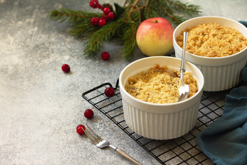 Homemade winter dessert. Apple crumbles with cranberries on a stone or slate countertop background. Copy space.