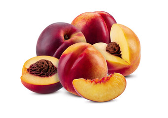 Set of smooth-skinned whole nectarines and parts with kernels and without them isolated on white background with copy space. Close-up.