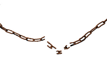 Torn old rusty chain isolated on white background