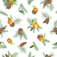 watercolor christmas pattern with cones, pines, orange fruit. fir, spruce, coniferous.  winter illustration