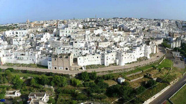 aerial view; fLIGHT AT THE  Mountain village, Ostuni, Apulia, Southern Italy