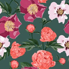 Floral Seamless Pattern with Coral Orange, pink. violet Peonies and herbs. Spring Blooming Flowers on Vintage green Background.
