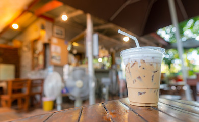 espresso coffee on wood table in coffee shop.
