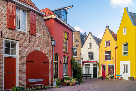 Ancient colorful houses in the famous Dutch Walstraat street in Deventer