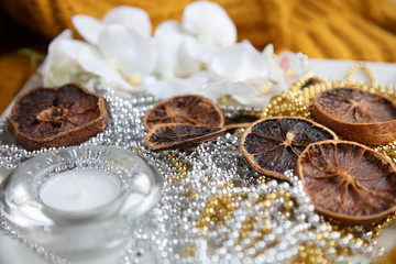 New year, winter,candles, yellow sweater