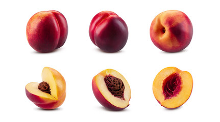 Set of smooth-skinned nectarines with kernels and without them isolated on white background with copy space for text or images. Side view. Close-up.