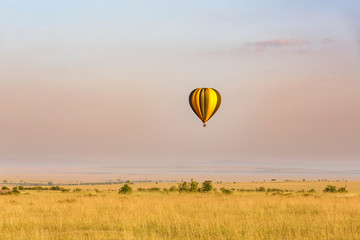 Obraz premium Hot air balloon flying over the African savanna in morning light